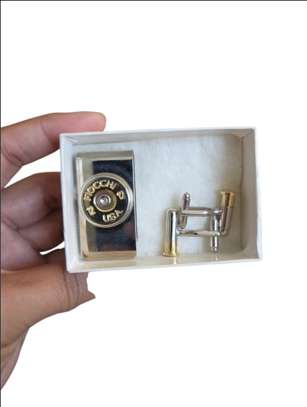 Silver & Gold 12 Gauge Fiocchi USA Casing Money Clip and Cufflink Set